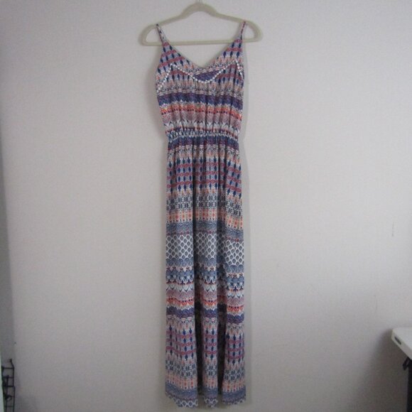 Women's Boho Printed Maxi Dress XL Blue Casual Maximalist Tribal Geometric - Picture 1 of 10